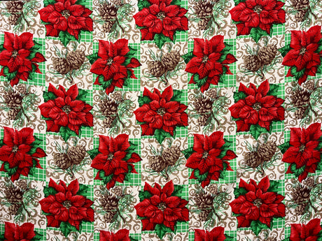 Poinsettia Pine Holiday Plaid Polyester Fabric - Red Poinsettias, Pinecones, Green Plaid, 58" Width (1 Yard)