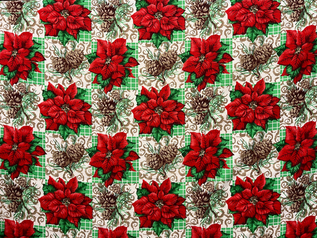 Poinsettia Pine Holiday Plaid Polyester Fabric - Red Poinsettias, Pinecones, Green Plaid, 58" Width (1 Yard)