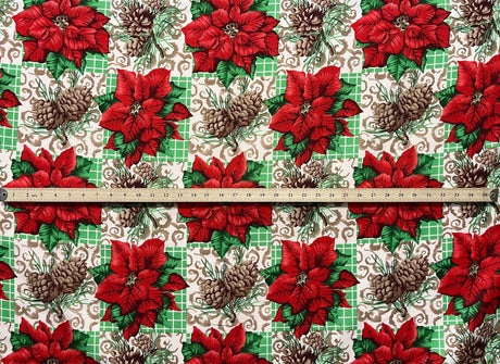 Poinsettia Pine Holiday Plaid Polyester Fabric - Red Poinsettias, Pinecones, Green Plaid, 58" Width (1 Yard)