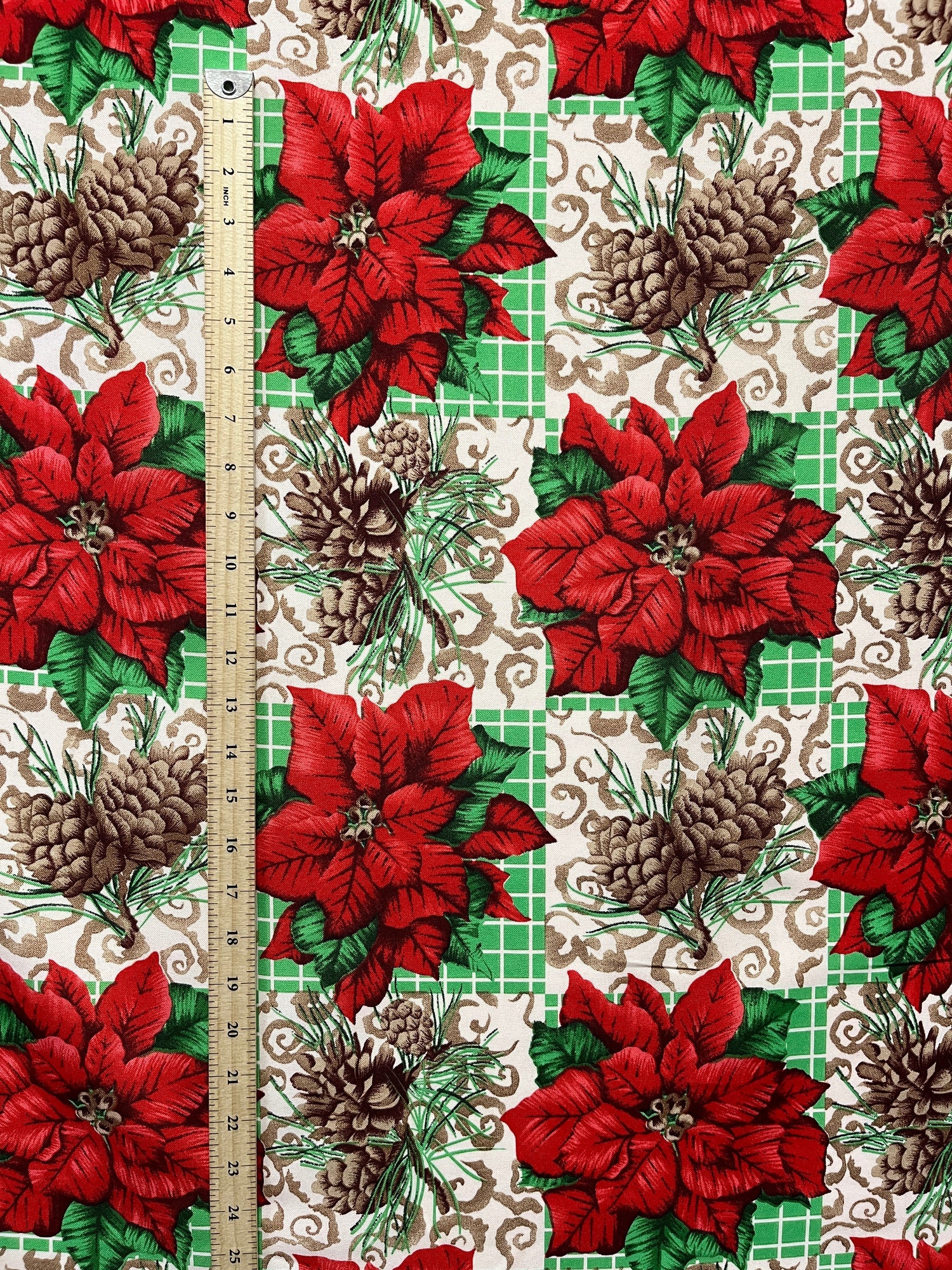 Poinsettia Pine Holiday Plaid Polyester Fabric - Red Poinsettias, Pinecones, Green Plaid, 58" Width (1 Yard)