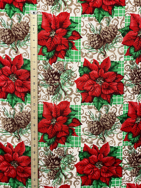 Poinsettia Pine Holiday Plaid Polyester Fabric - Red Poinsettias, Pinecones, Green Plaid, 58" Width (1 Yard)