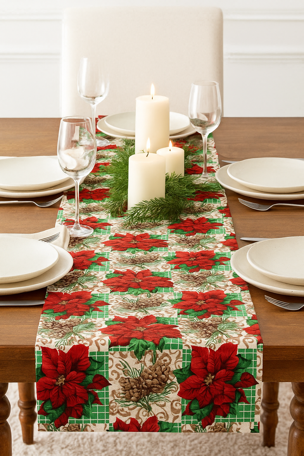 Poinsettia Pine Holiday Plaid Polyester Fabric - Red Poinsettias, Pinecones, Green Plaid, 58" Width (1 Yard)