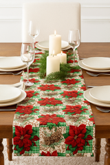 Poinsettia Pine Holiday Plaid Polyester Fabric - Red Poinsettias, Pinecones, Green Plaid, 58" Width (1 Yard)