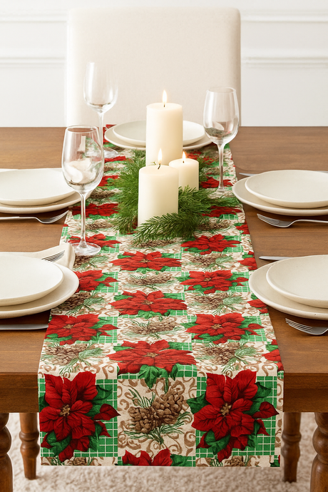 Poinsettia Pine Holiday Plaid Polyester Fabric - Red Poinsettias, Pinecones, Green Plaid, 58" Width (1 Yard)