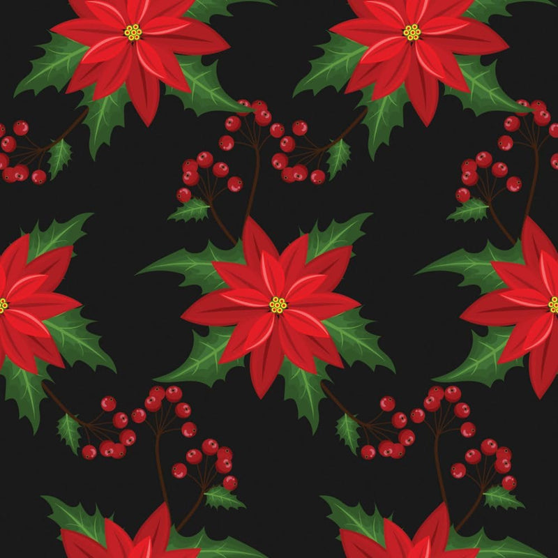 Quilting Cotton Poinsettia Flowers on Black Christmas Fabric