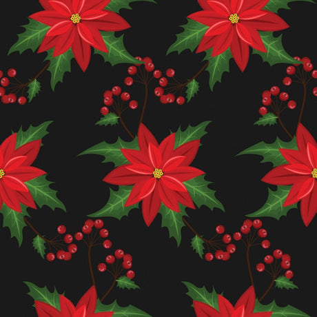 Quilting Cotton Poinsettia Flowers on Black Christmas Fabric