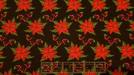 Quilting Cotton Poinsettia Flowers on Black Christmas Fabric