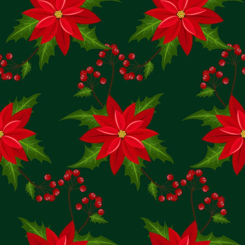 Quilting Cotton Poinsettia Flowers on Green Christmas Fabric