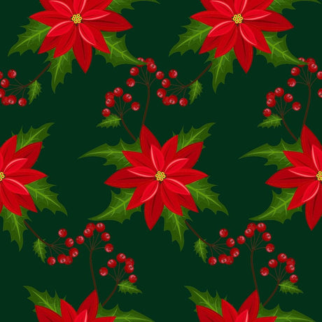 Quilting Cotton Poinsettia Flowers on Green Christmas Fabric