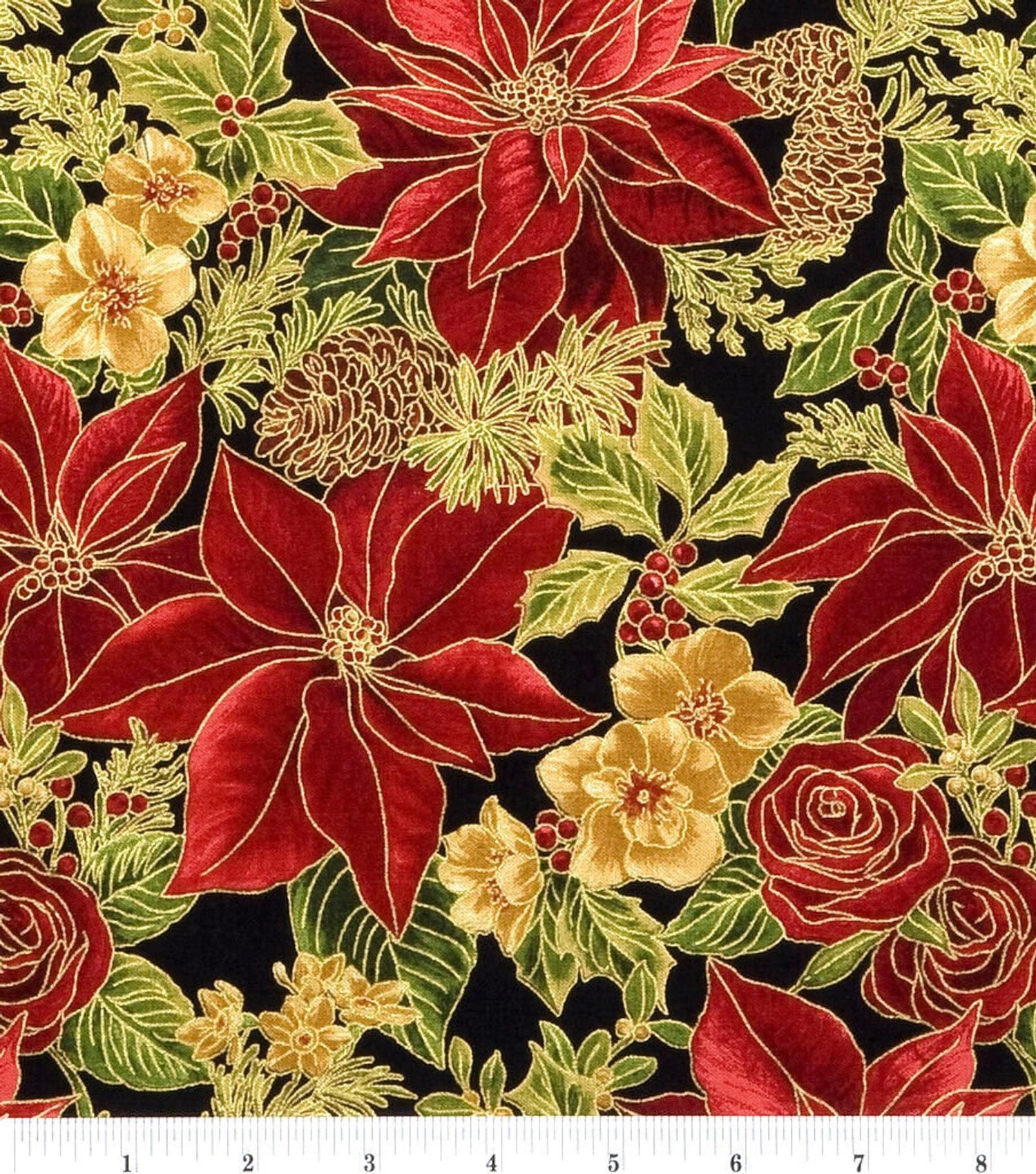 Quilting Cotton Poinsettias Metallic Christmas Robert Kaufman