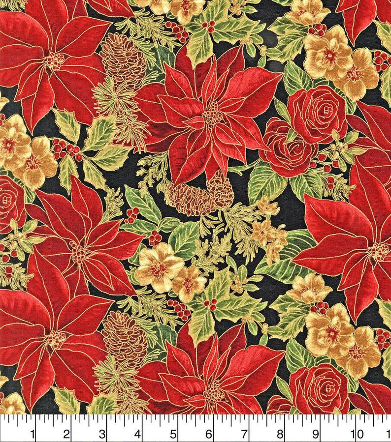 Quilting Cotton Poinsettias Metallic Christmas Robert Kaufman