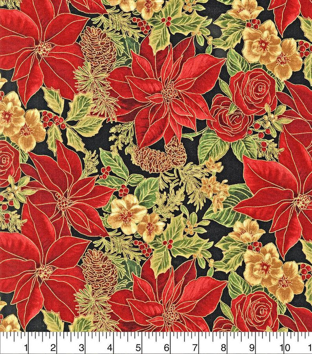 Quilting Cotton Poinsettias Metallic Christmas Robert Kaufman