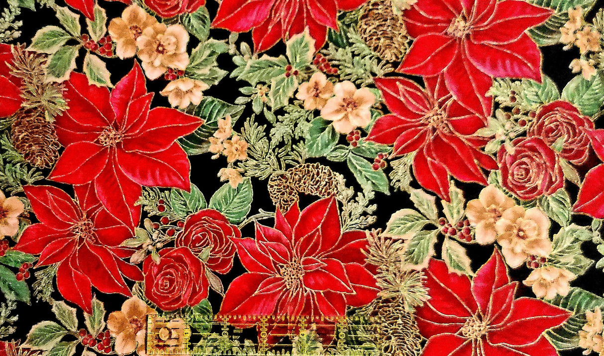 Quilting Cotton Poinsettias Metallic Christmas Robert Kaufman