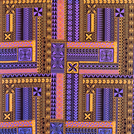 Polynesian Geometric Symmetrical Design Peachskin Fabric - Multicolor Geometric Symmetrical Pattern, 44/45" Width (1 Yard)