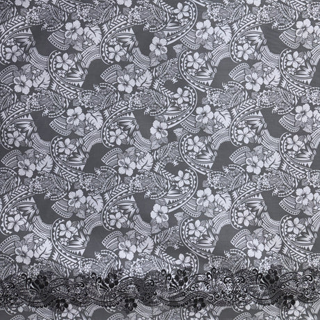 Polynesian Hibiscus & Plumeria Flowers Poly-Cotton Fabric - Traditional Tattoo Single Border, 45" Width (1 Yard)