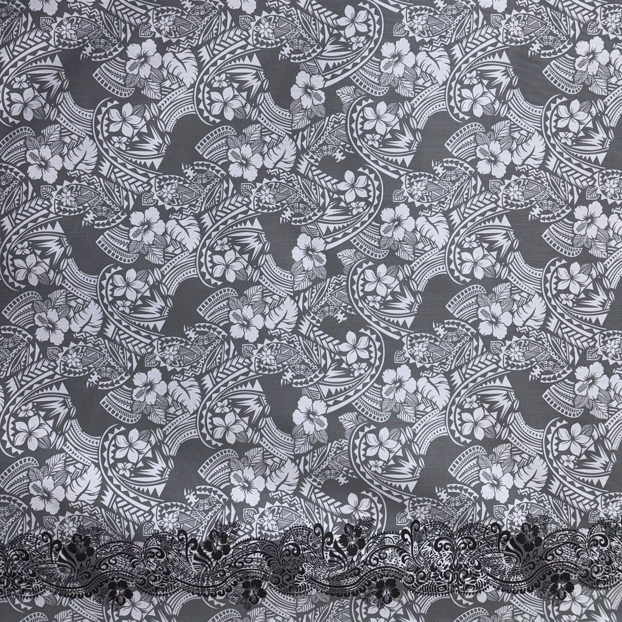 Polynesian Hibiscus & Plumeria Flowers Traditional Tattoo Poly-Cotton Fabric - Single Border, Red, Grey, Brown, Green, 45" Width (1 Yard)