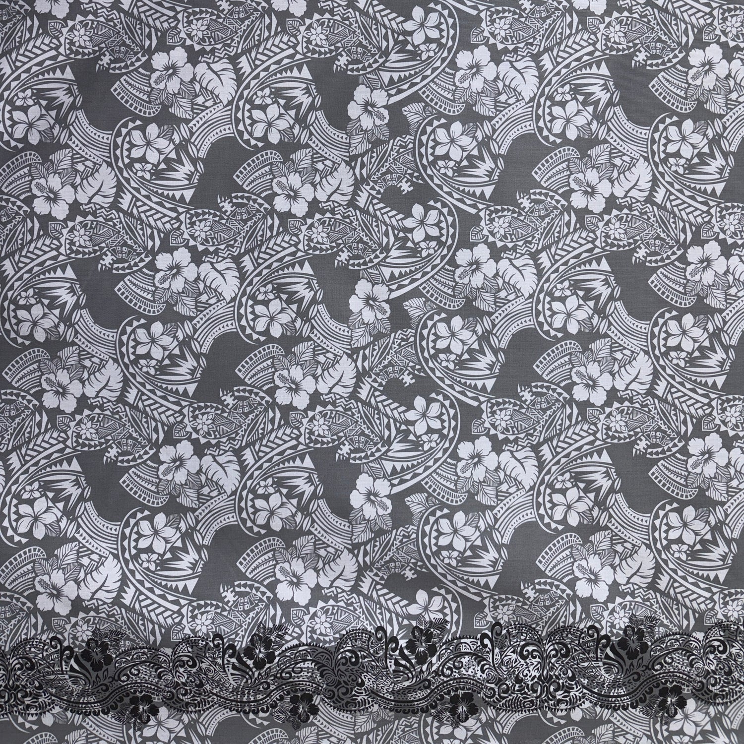 Polynesian Hibiscus & Plumeria Flowers Traditional Tattoo Poly-Cotton Fabric - Single Border, Red, Grey, Brown, Green, 45" Width (1 Yard)
