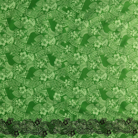 Polynesian Hibiscus & Plumeria Flowers Traditional Tattoo Poly-Cotton Fabric - Single Border, Red, Grey, Brown, Green, 45" Width (1 Yard)