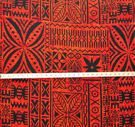 Polynesian Motif Cotton Barkcloth Fabric - Geometric Floral Polynesian Print, 45" Width (1 Yard)