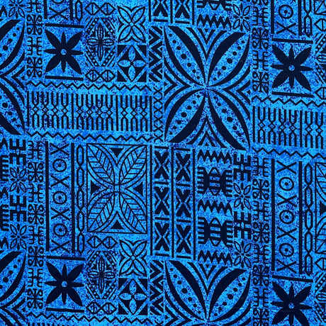 Polynesian Motif Cotton Barkcloth Fabric - Geometric Floral Polynesian Print, 45" Width (1 Yard)
