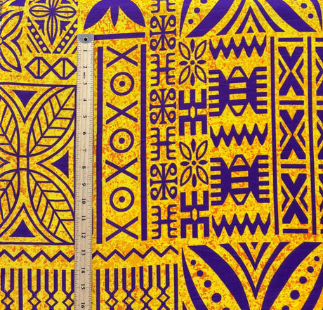 Polynesian Motif Cotton Barkcloth Fabric - Geometric Floral Polynesian Print, 45" Width (1 Yard)