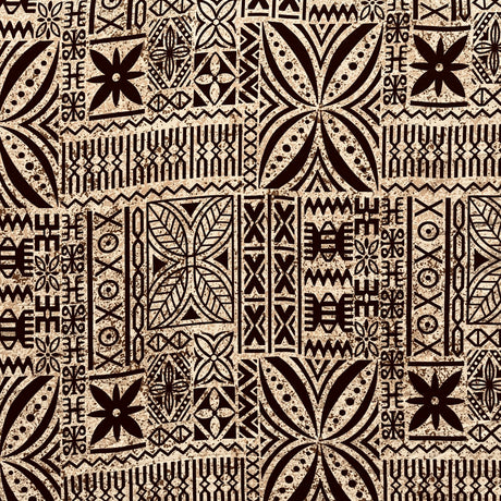Polynesian Motif Cotton Barkcloth Fabric - Geometric Floral Polynesian Print, 45" Width (1 Yard)