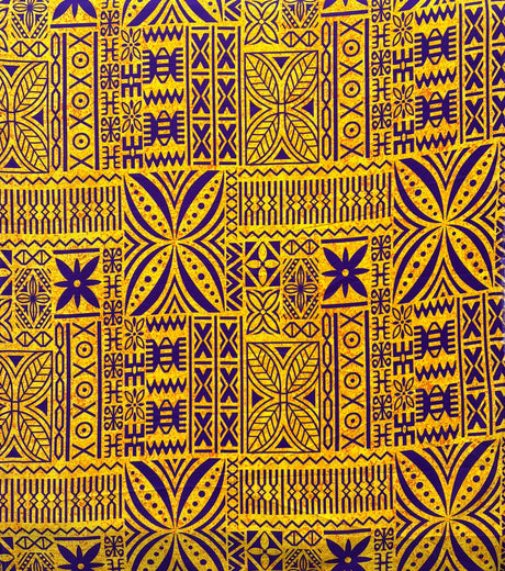 Polynesian Motif Cotton Barkcloth Fabric - Geometric Floral Polynesian Print, 45" Width (1 Yard)