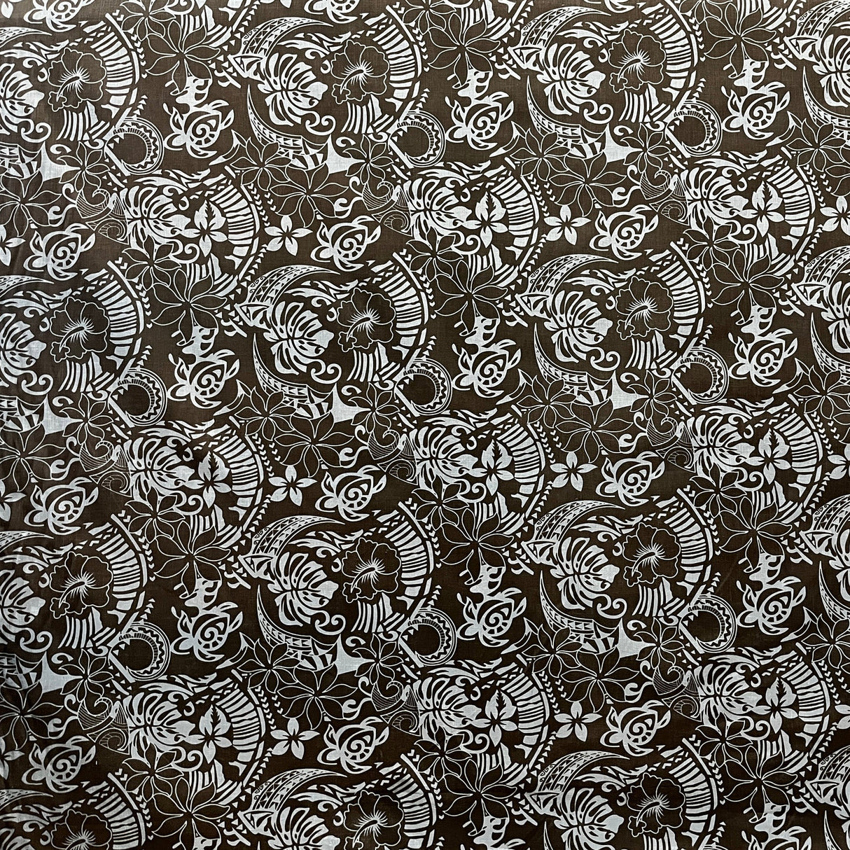 Polynesian Tribal Print Chambray Fabric - Denim Look, Monstera Leaves, Turtles, Hibiscus And Plumeria, 58/60" Width (1 Yard)