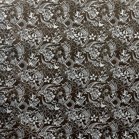 Polynesian Tribal Print Chambray Fabric - Denim Look, Monstera Leaves, Turtles, Hibiscus And Plumeria, 58/60" Width (1 Yard)