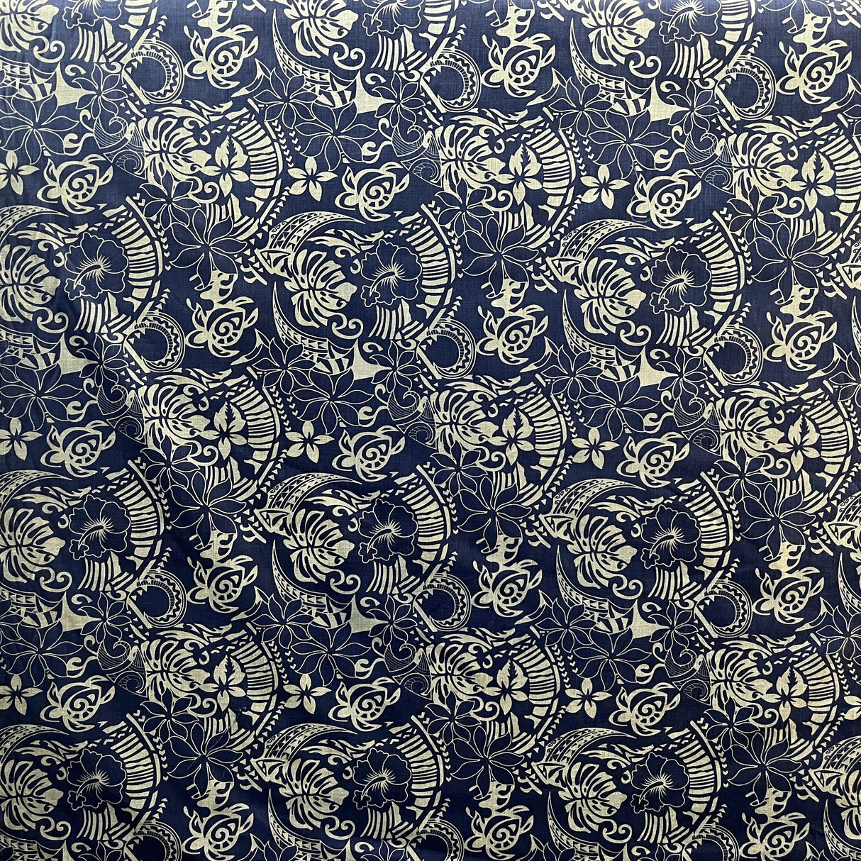 Polynesian Tribal Print Chambray Fabric - Denim Look, Monstera Leaves, Turtles, Hibiscus And Plumeria, 58/60" Width (1 Yard)