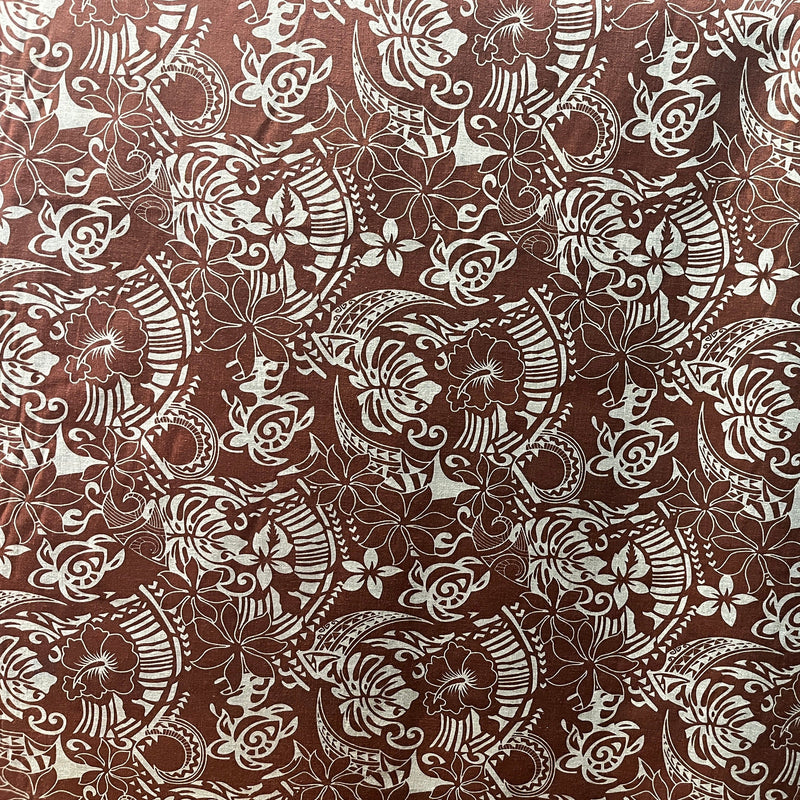 Polynesian Tribal Print Chambray Fabric - Denim Look, Monstera Leaves, Turtles, Hibiscus And Plumeria, 58/60" Width (1 Yard)