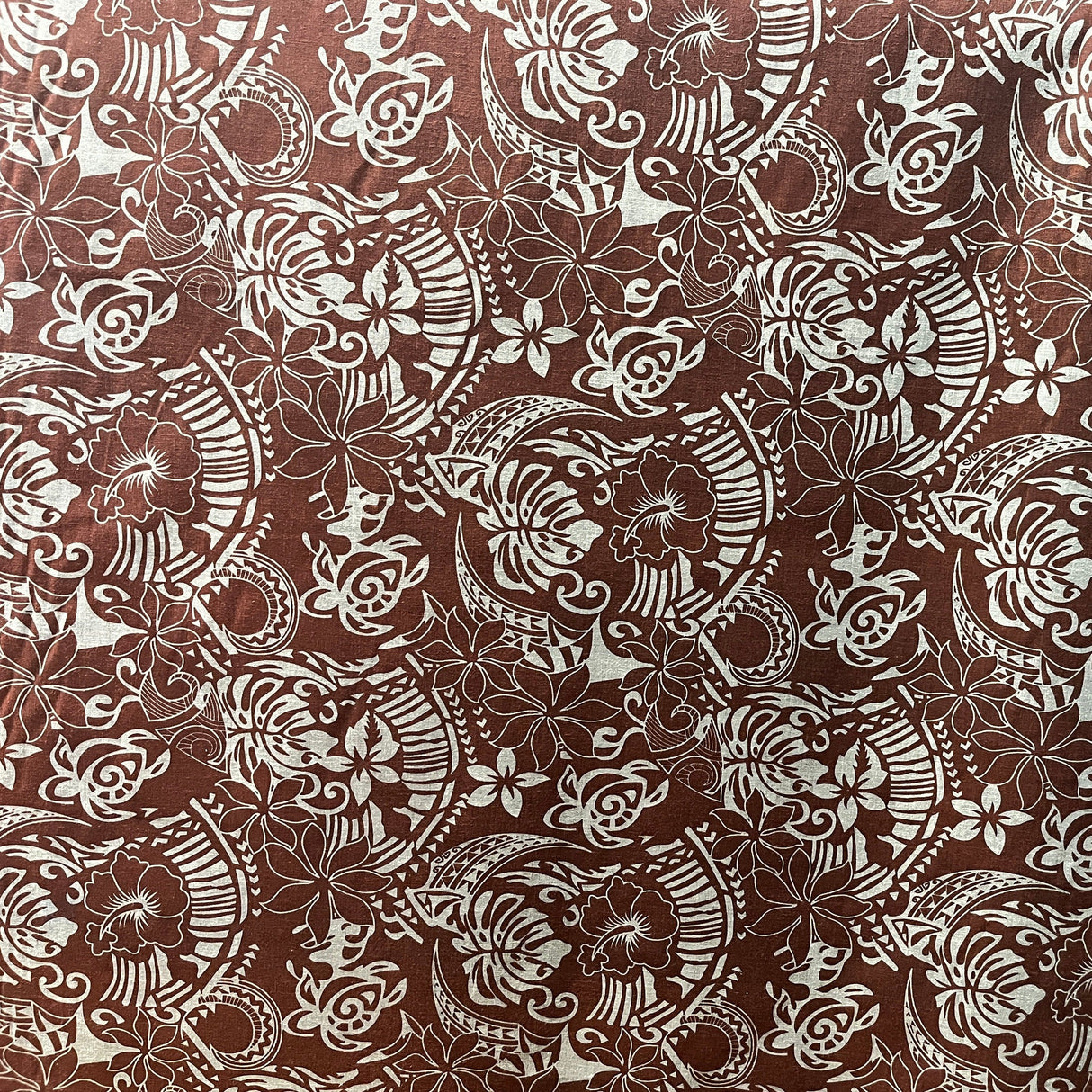 Polynesian Tribal Print Chambray Fabric - Denim Look, Monstera Leaves, Turtles, Hibiscus And Plumeria, 58/60" Width (1 Yard)