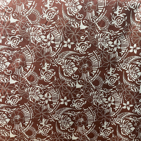 Polynesian Tribal Print Chambray Fabric - Denim Look, Monstera Leaves, Turtles, Hibiscus And Plumeria, 58/60" Width (1 Yard)