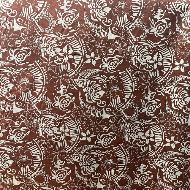 Polynesian Tribal Print Chambray Fabric - Denim Look, Monstera Leaves, Turtles, Hibiscus And Plumeria, 58/60" Width (1 Yard)