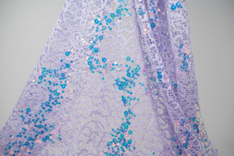 Precious Stretch Lace Sequin Nylon Spandex Fabric - Lilac/Iridescent, Light Blue/Iridescent, Petal Pink/Iridescent, Soft Grey/Iridescent, 58/60" Width (1 Yard)