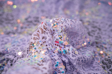 Precious Stretch Lace Sequin Nylon Spandex Fabric - Lilac/Iridescent, Light Blue/Iridescent, Petal Pink/Iridescent, Soft Grey/Iridescent, 58/60" Width (1 Yard)