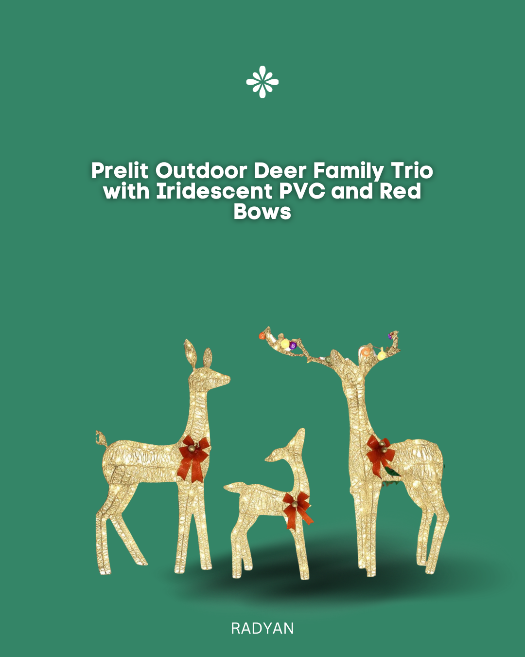 Prelit Outdoor Deer Family Trio with Iridescent PVC and Red Bows