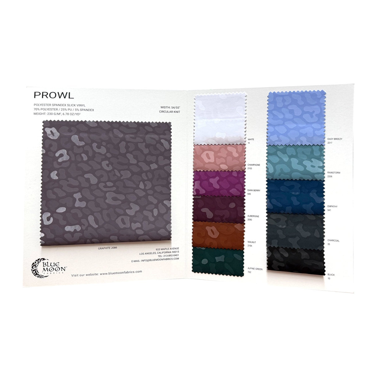 Prowl Polyester Spandex Slick Vinyl Fabric - 12 Color Swatch Card, 4-Way Stretch, Care Instructions Included (1 Card)