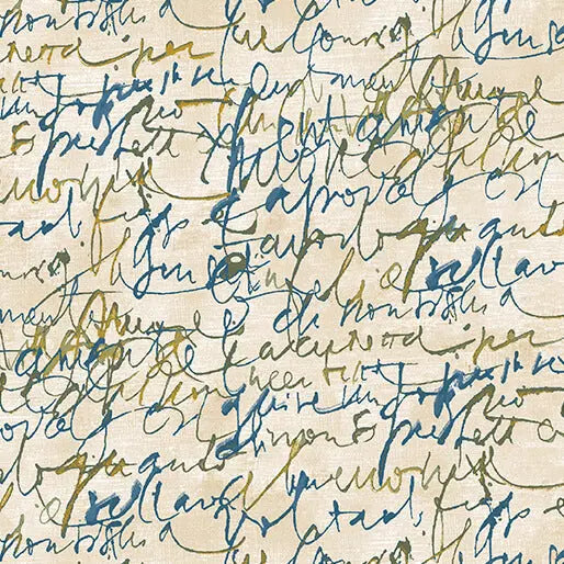 Cotton Print Fabric Prussian/Cream Fluidity Script Large 44/45"