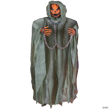 RADYAN Hanging Pumpkin Figure with Tattered Shroud and Shackled Arms shown in a clear product image