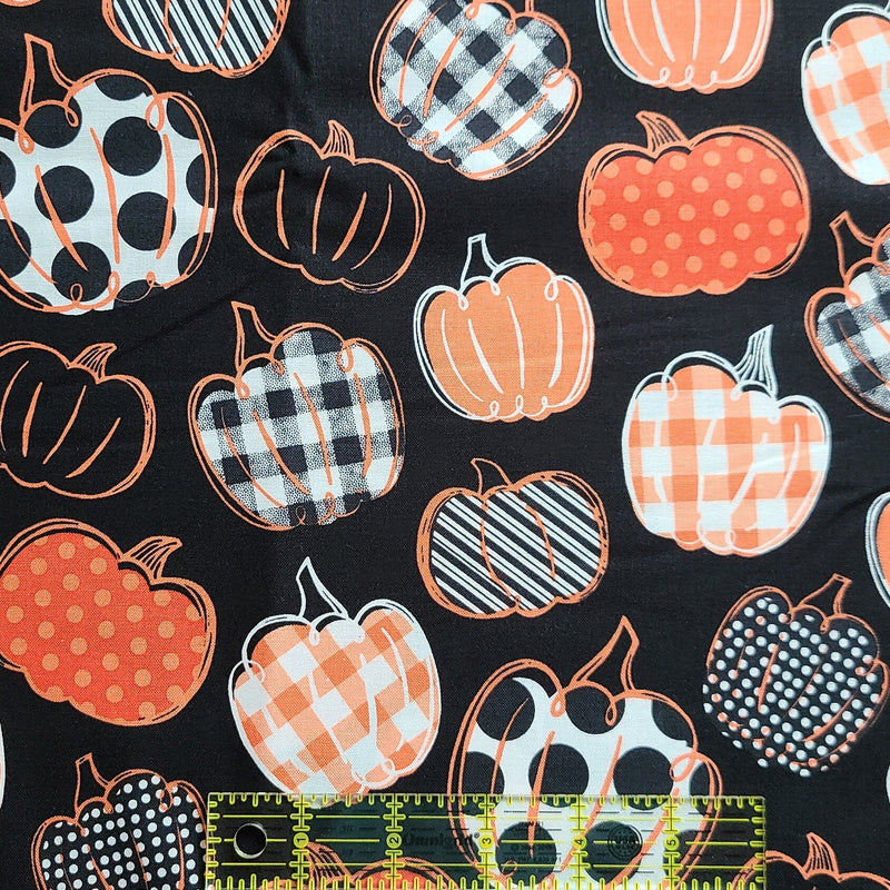 Quilting Cotton Pumpkins on Gingham Check Harvest 100% Cotton