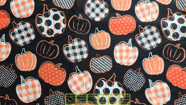 Quilting Cotton Pumpkins on Gingham Check Harvest 100% Cotton