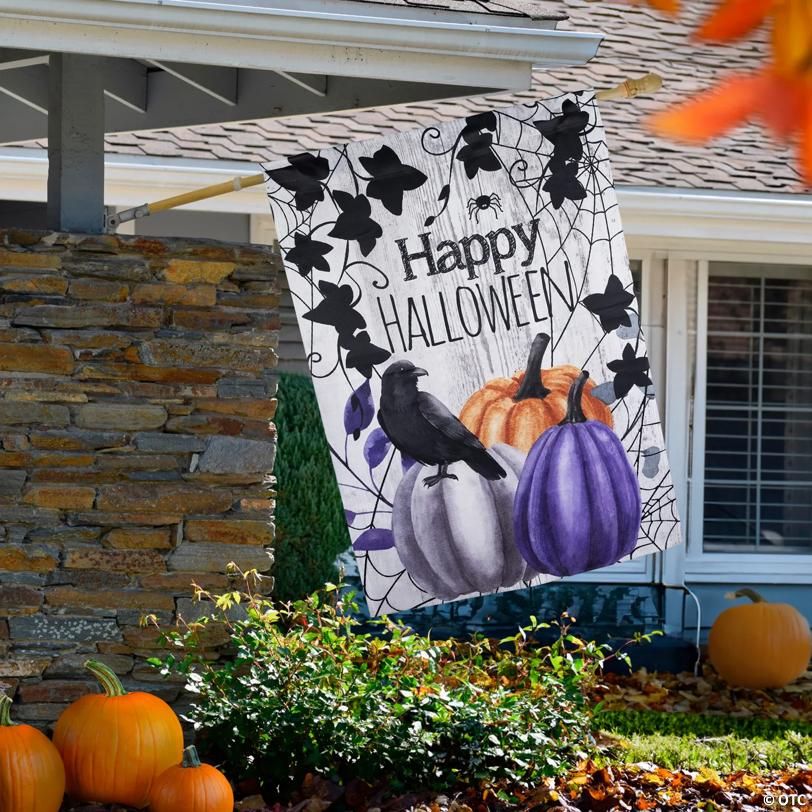 Pumpkins and Crow "Happy Halloween" Outdoor House Flag - 40" x 28"