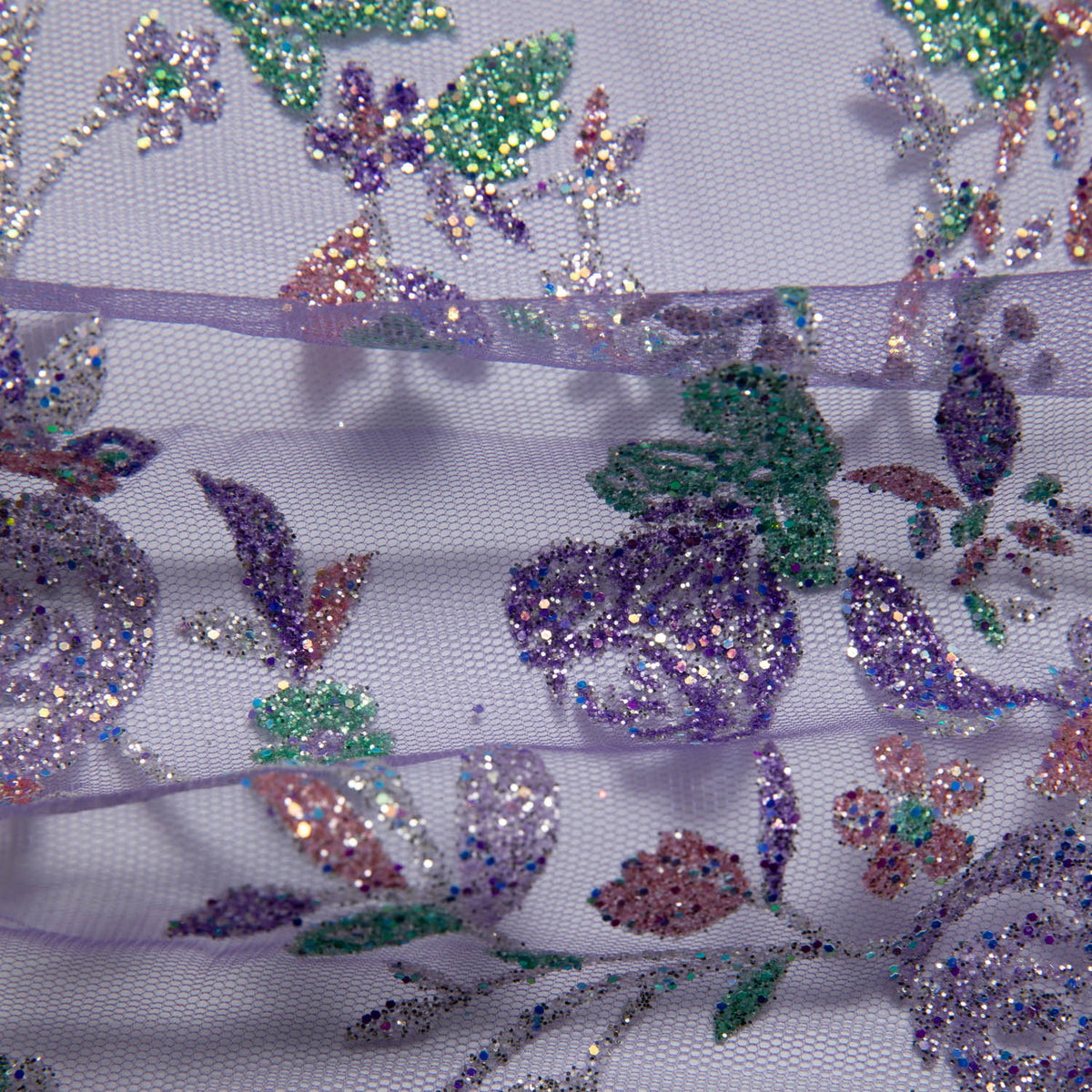 1 Yard Tulle Lace Fabric with Multicolor Glitter Floral Design, 58" Wide