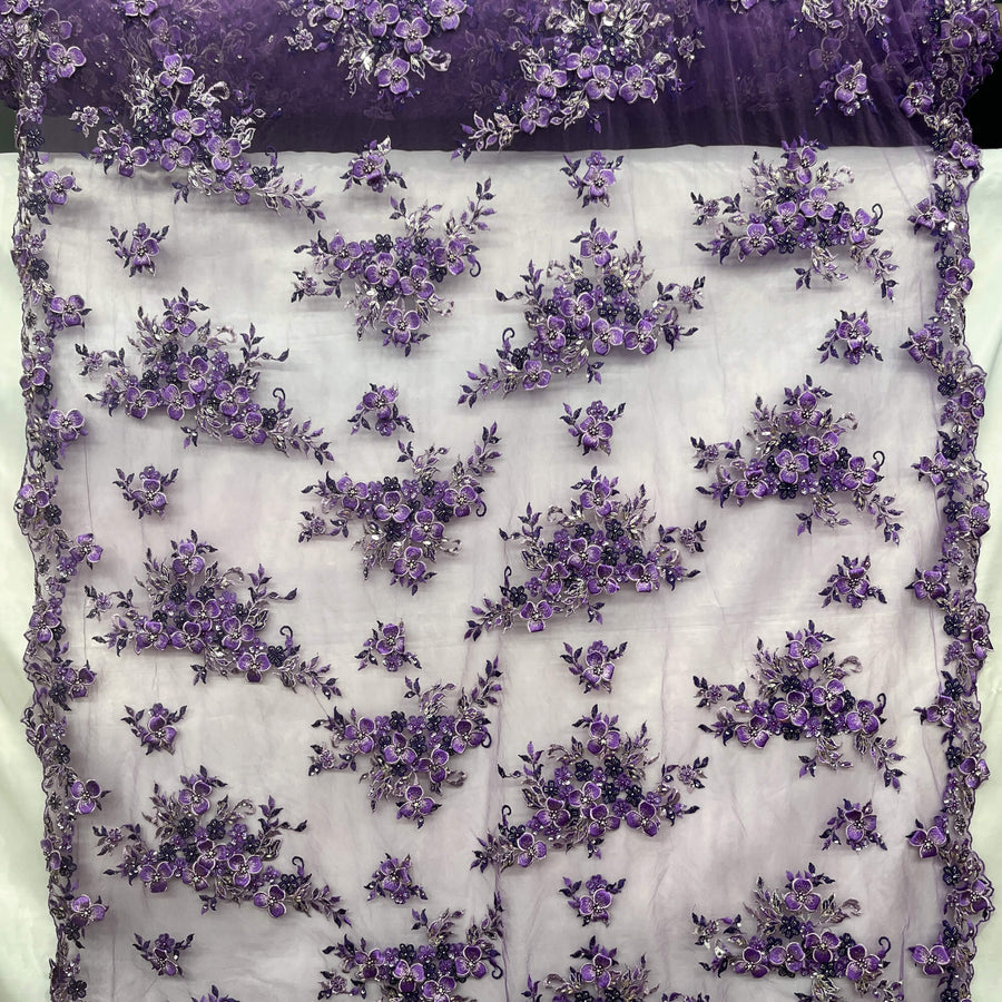1 Yard 3D Beaded Floral Lace Fabric with Rhinestones – Embroidered Mesh with Scalloped Edges