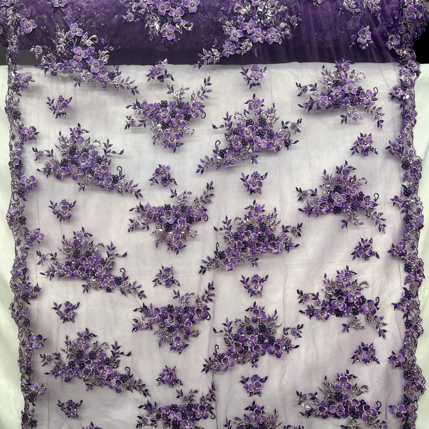 3D Beaded Floral Lace Mesh Fabric