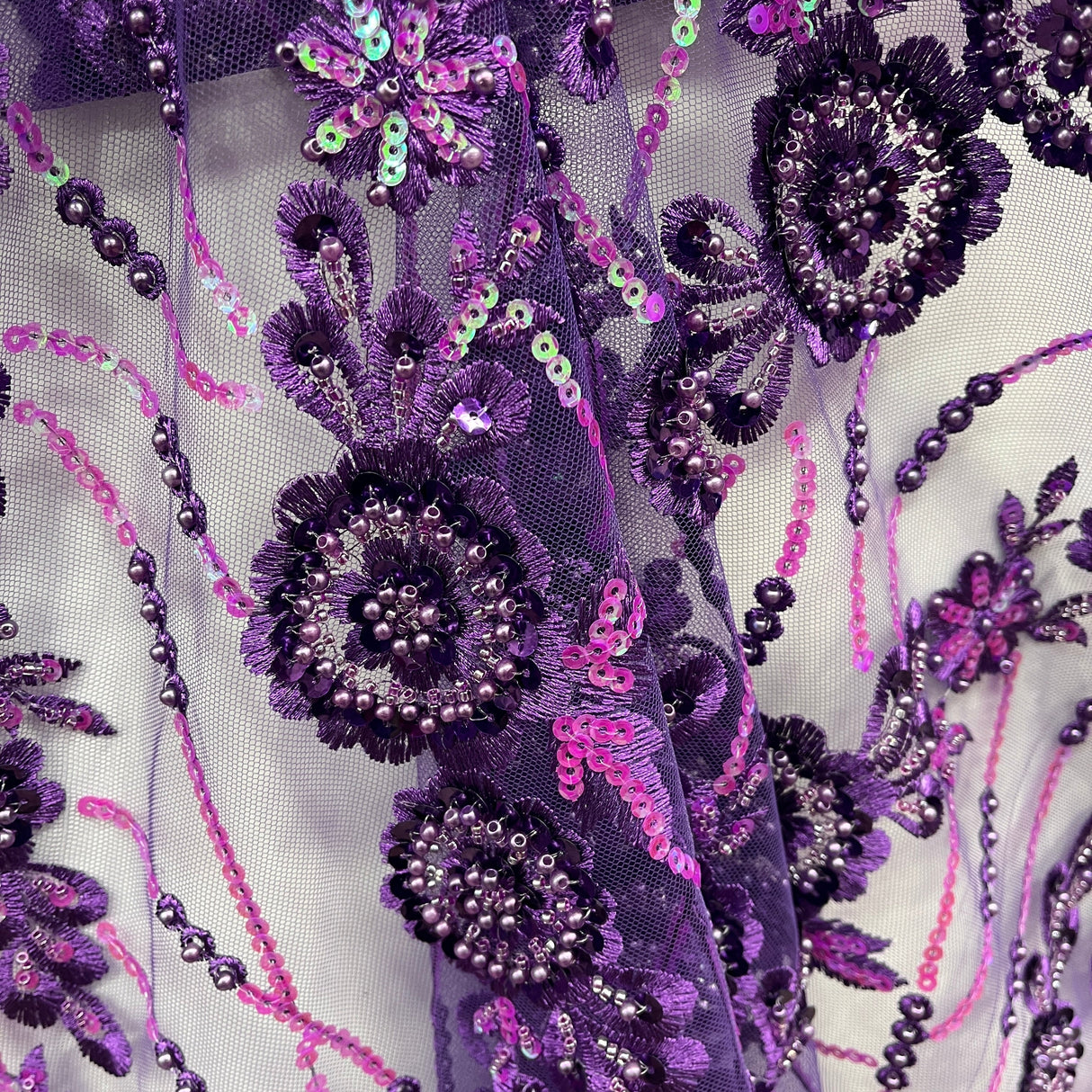 Beaded Sequined Floral Lace Fabric 53" Wide