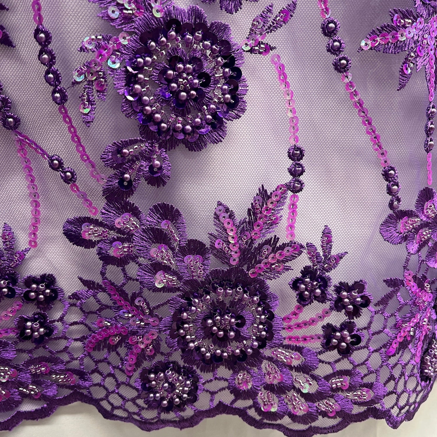 Beaded And Sequined Floral Sparkling Lace Fabric - Rust, Red, Purple Floral Embroidered, 53" Wide (1 Yard)