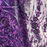 Beaded And Sequined Floral Sparkling Lace Fabric - Rust, Red, Purple Floral Embroidered, 53" Wide (1 Yard)
