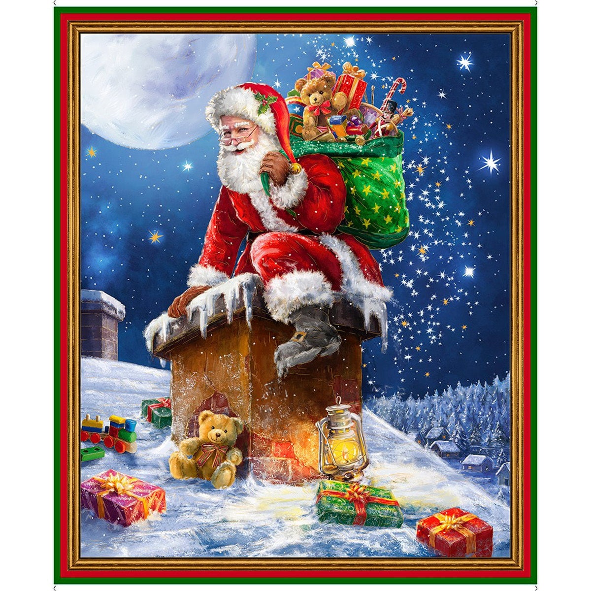 Fabric Panel Up on the Housetop Christmas Santa Claus Chimney 100% Cotton Quilting Treasures